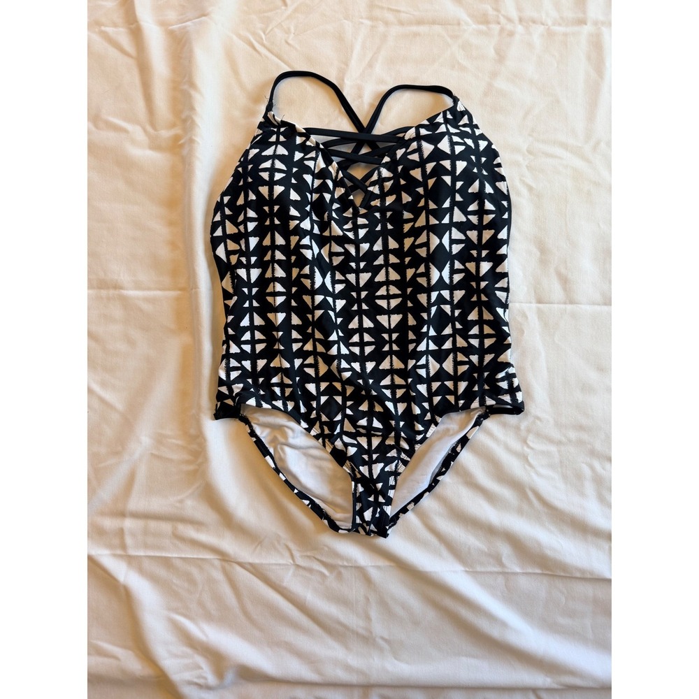 Time and Tru Womens XL One Piece Swimsuit Black White Geometric Strappy Lattice